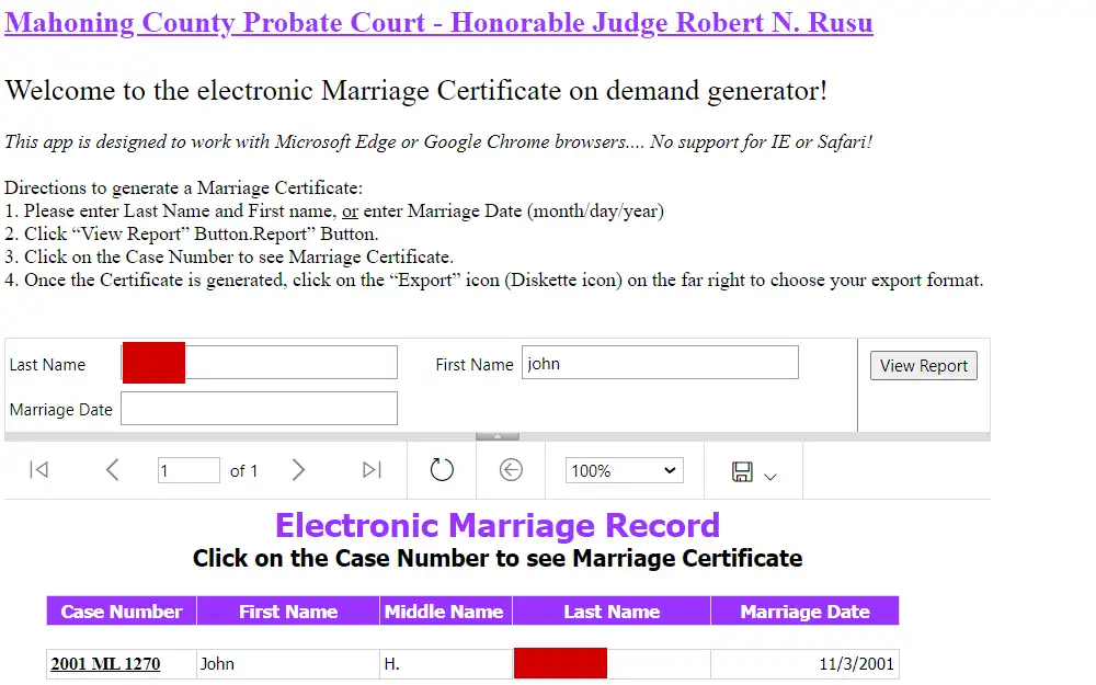 A screenshot of the Mahoning County Probate Court's Electronic Marriage Certificate On Demand Generator displays the search fields with results at the bottom.