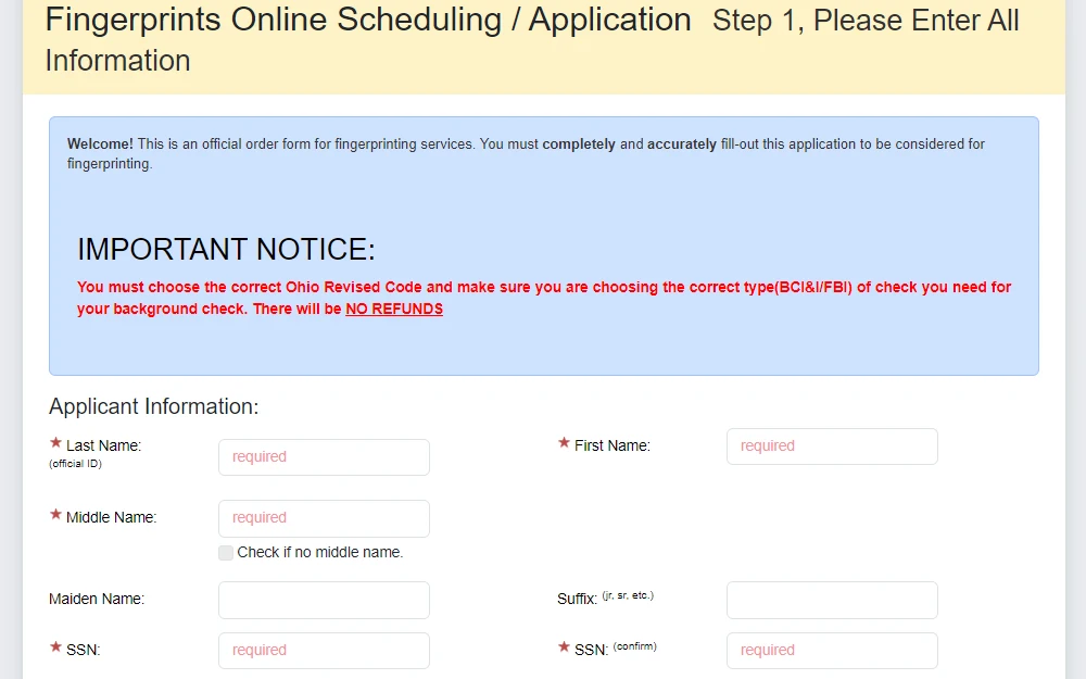 A screenshot showing step 1: Applicant information for fingerprints online scheduling from the Mahoning County Sheriff's Office page displays the required information (denoted by "*") needed to complete the application. 