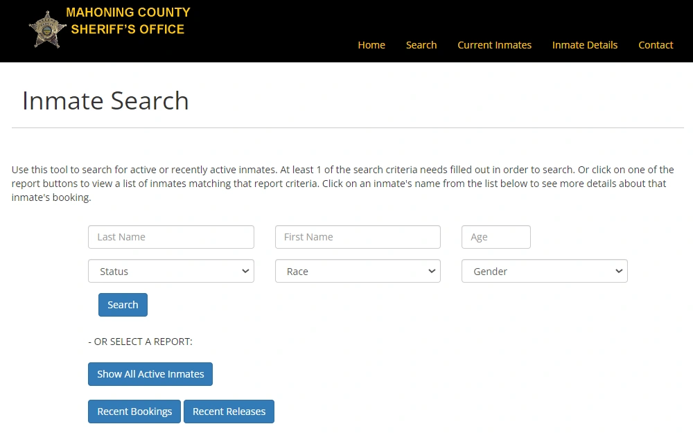 A screenshot showing the inmate search from the Mahoning County Sheriff's Office website displays two options: Search by Name and Select a Report, including the sheriff's logo at the top left corner.