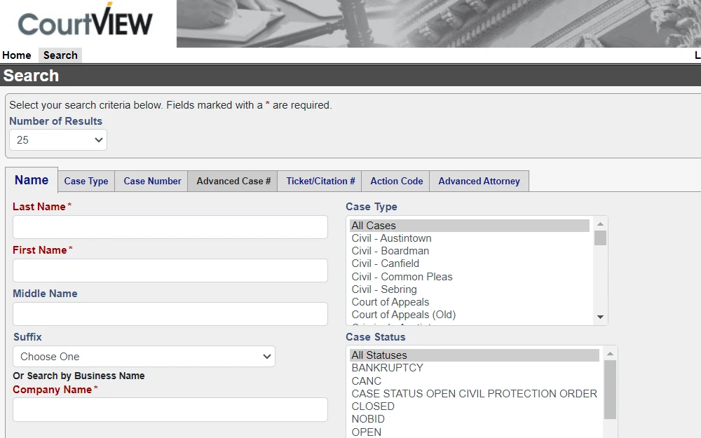 A screenshot of the Mahoning County Clerk of Court page showing the available options to search for cases such as Name, Case Type, Case Number, Advance Case #, Ticket/Citation, Action Code and Advance Attorney.