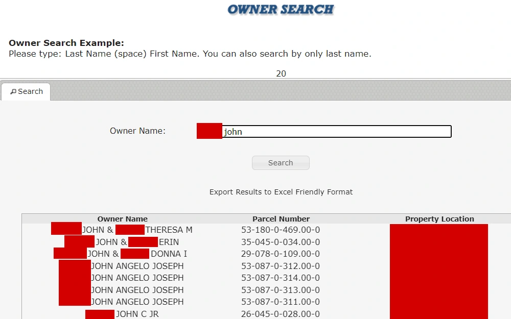 A screenshot of the owner search option to look up property information from the Mahoning County Auditor Website displays the list of properties, including the owner's name, parcel number and property location. 