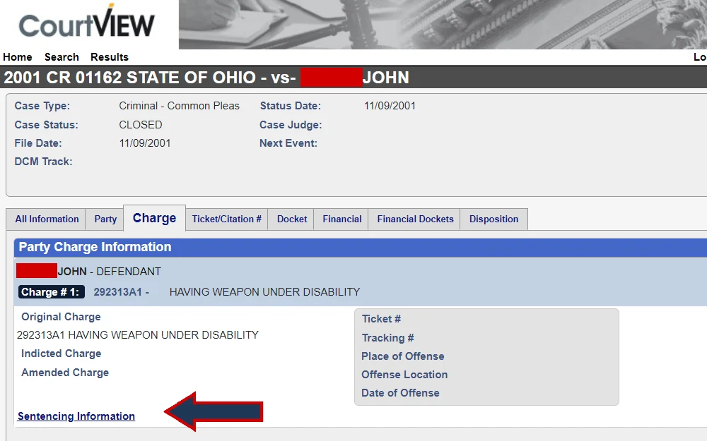 A screenshot showing the party charge information of a case from the Mahoning County Clerk of Court page and a link to view sentencing information.
