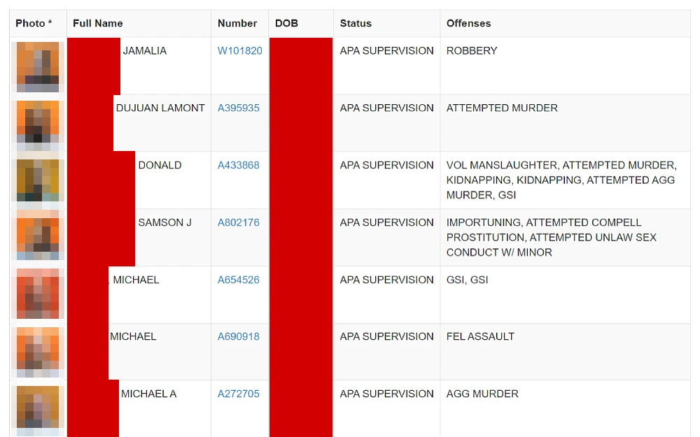 A screenshot showing an offender's search results, mugshot photos, full name, number, date of birth, status and offenses.